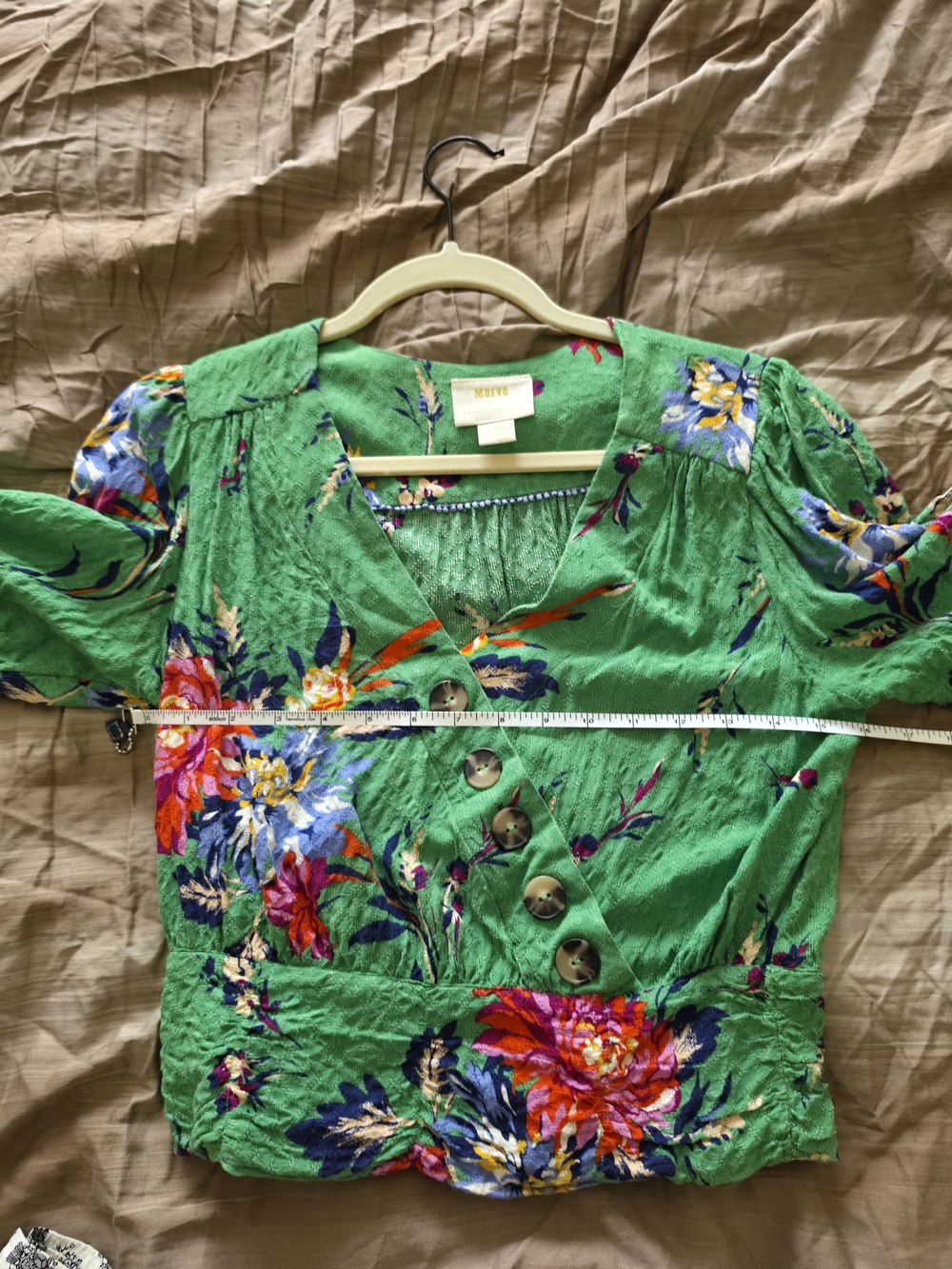 Anthropologie Green Floral V-Neck Puff Sleeve Top - Picture 12 of 13